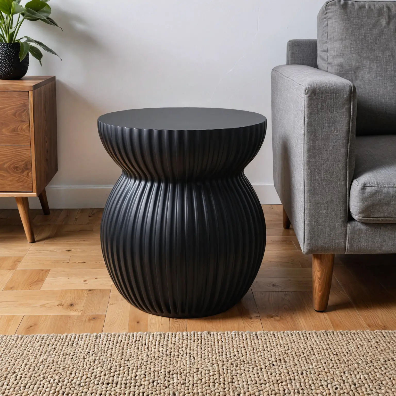 LeisureMod Mander Fiberstone Side Table – Ribbed Hourglass End Accent Table - Picture 16 of 37