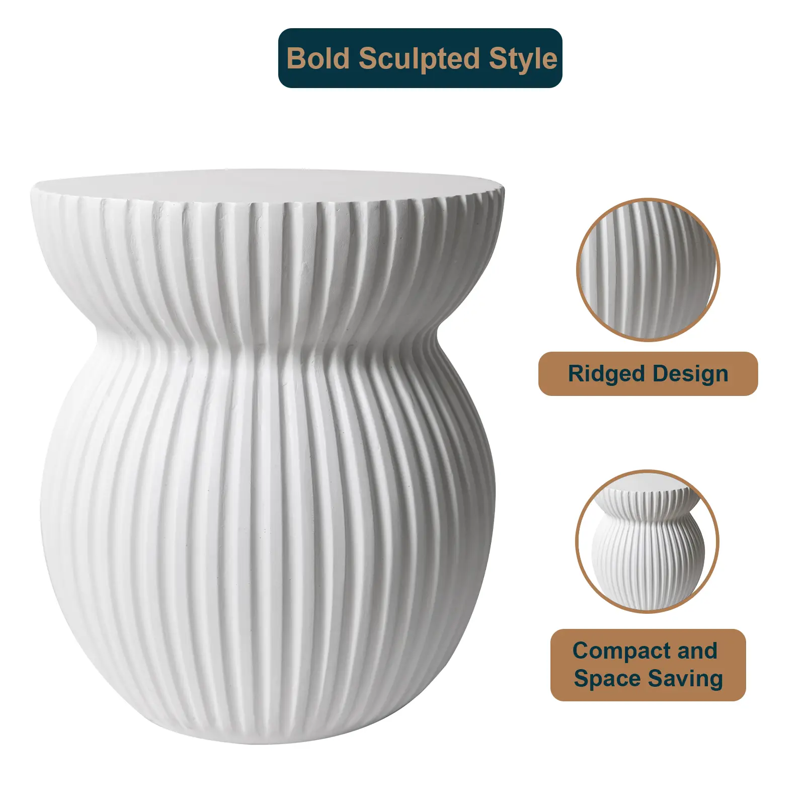 LeisureMod Mander Fiberstone Side Table – Ribbed Hourglass End Accent Table - Picture 37 of 37