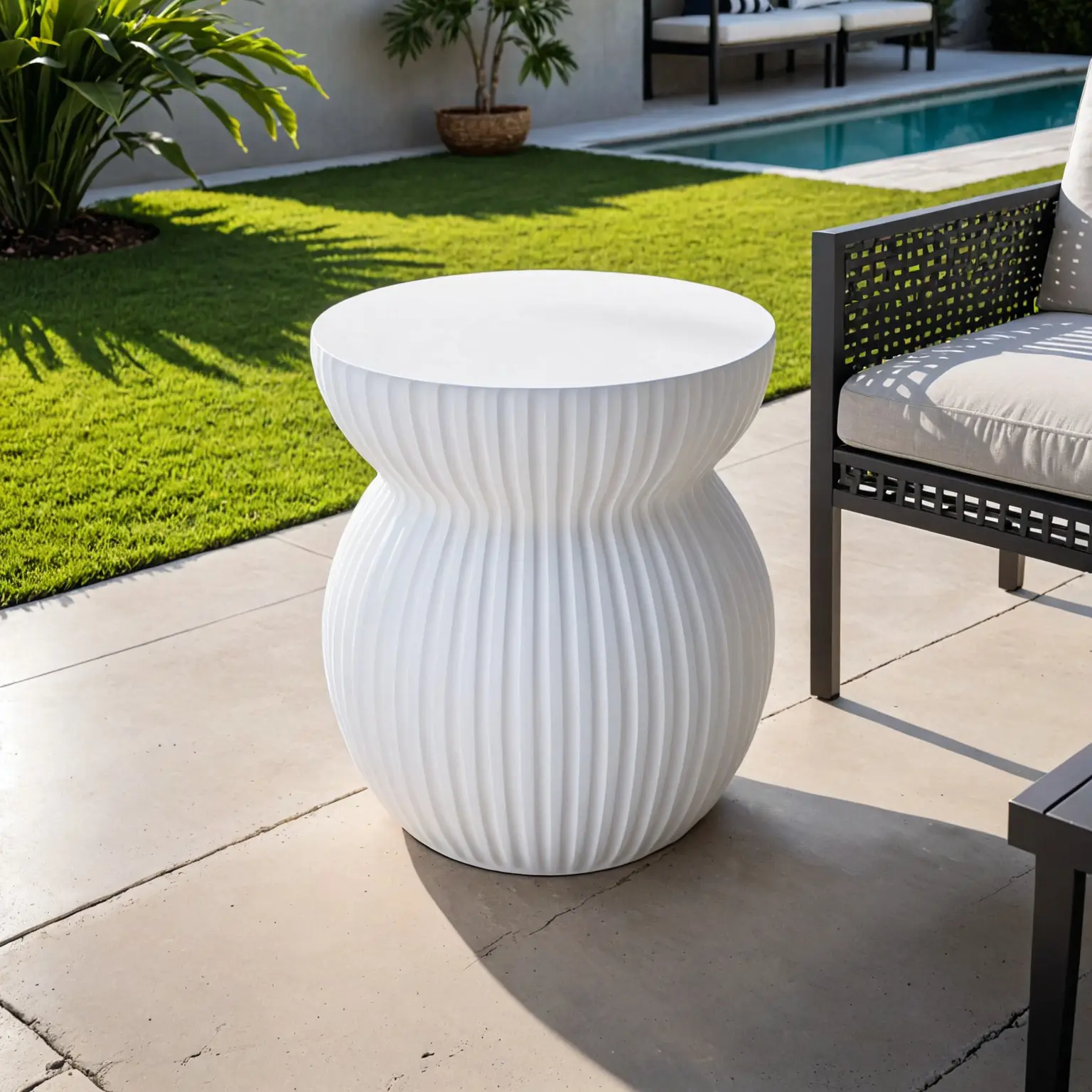 LeisureMod Mander Fiberstone Side Table – Ribbed Hourglass End Accent Table - Picture 27 of 37
