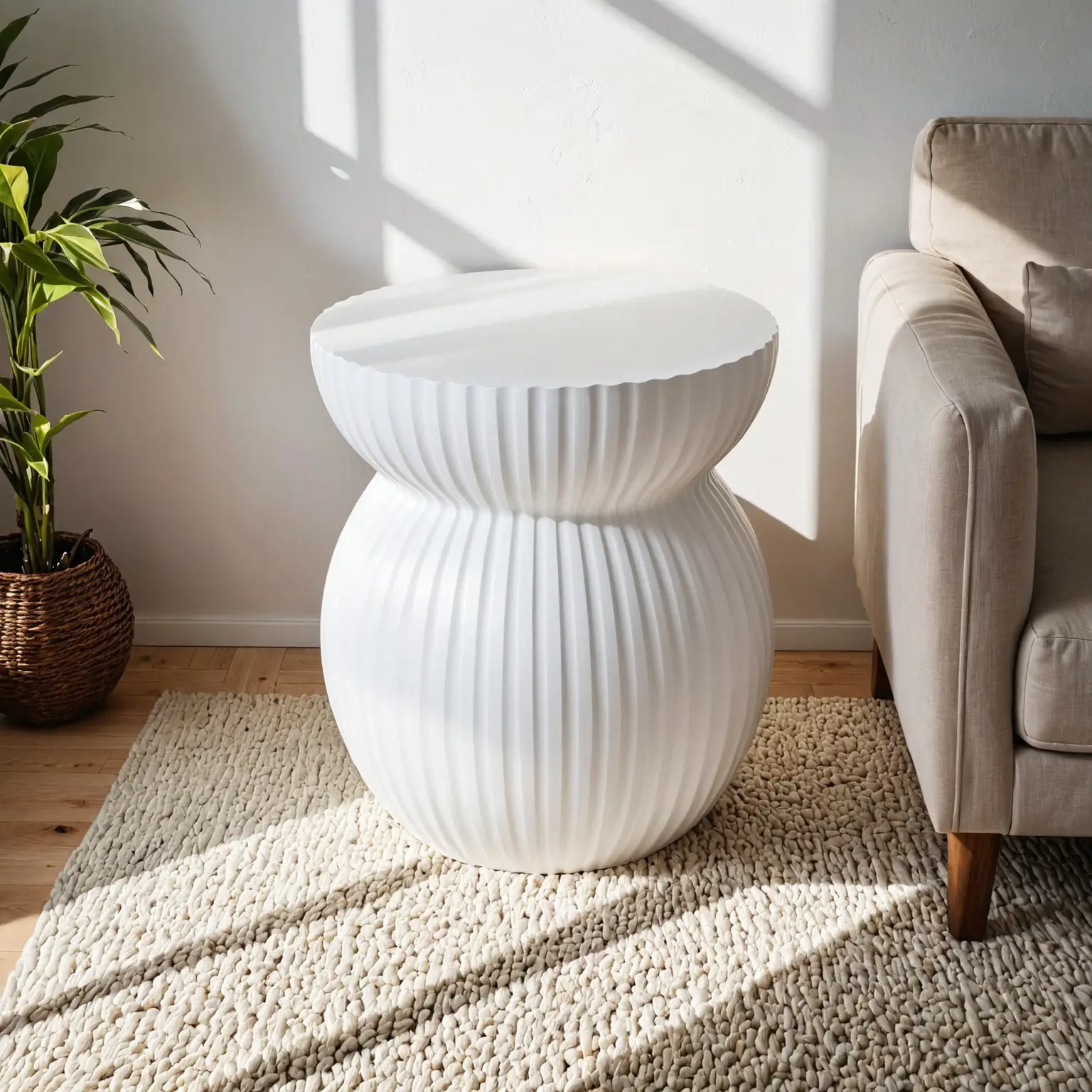 LeisureMod Mander Fiberstone Side Table – Ribbed Hourglass End Accent Table - Picture 28 of 37